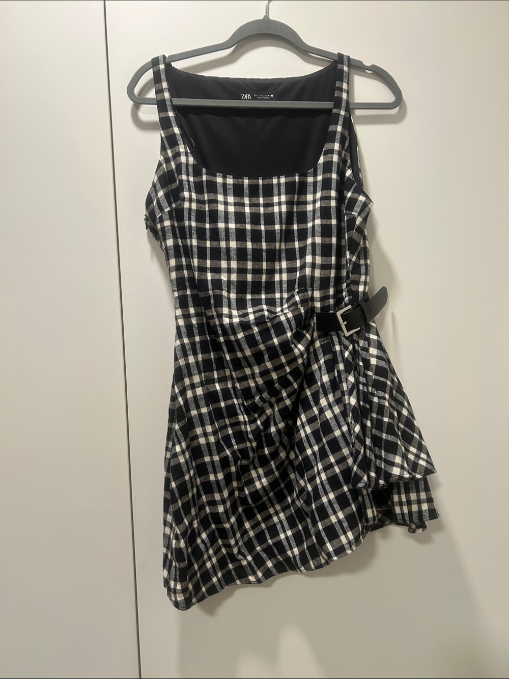 ZARA Black & Ecru Plaid Belted Dress